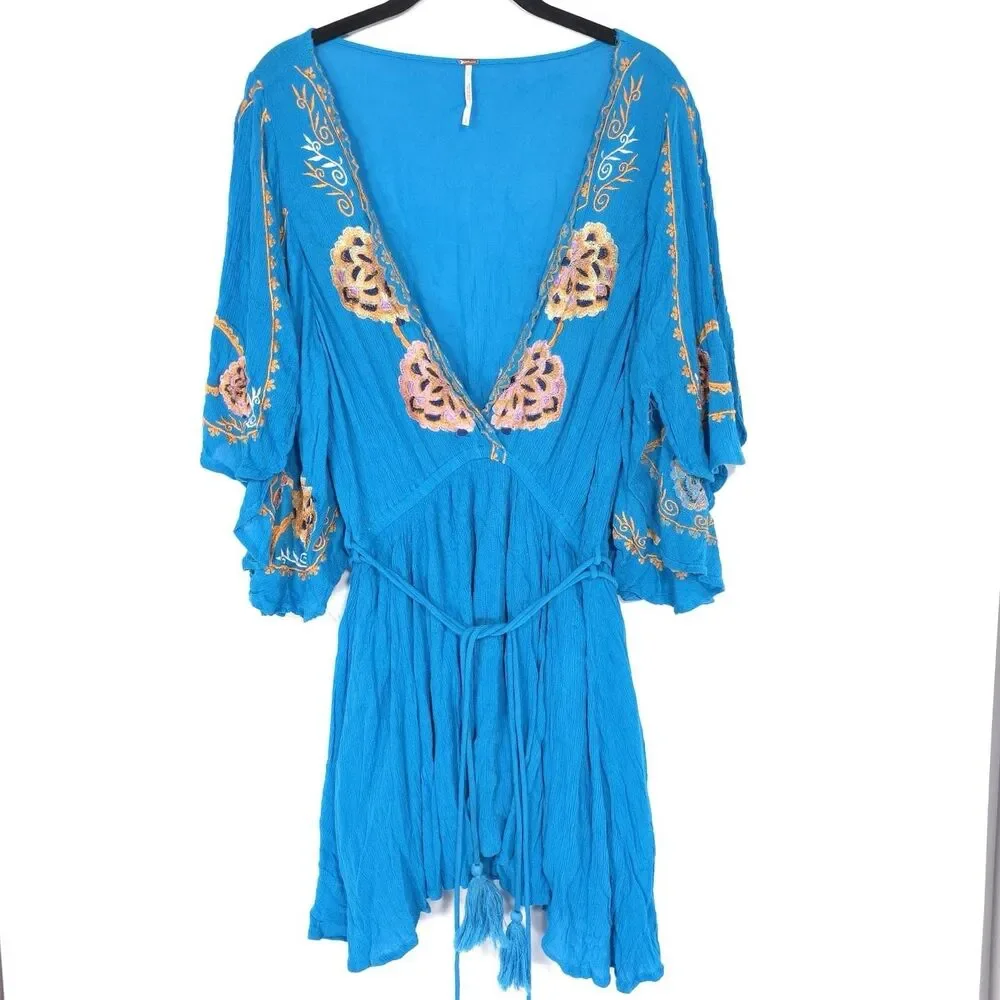 Free People Mini Dress Size S/P Embroidered Tie Waist Boho Blue Viscose OB600169